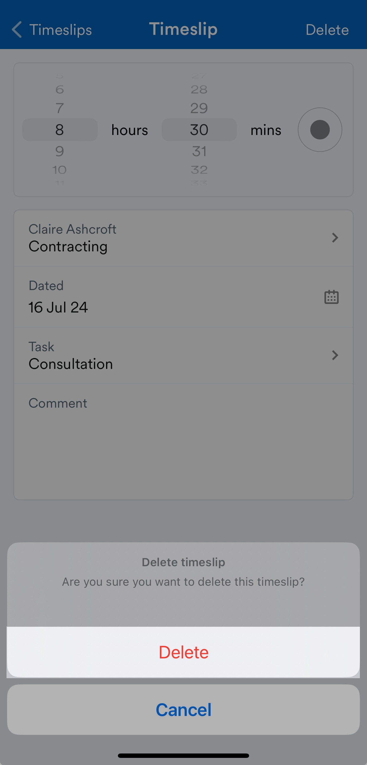 Delete highlighted when deleting a timeslip.