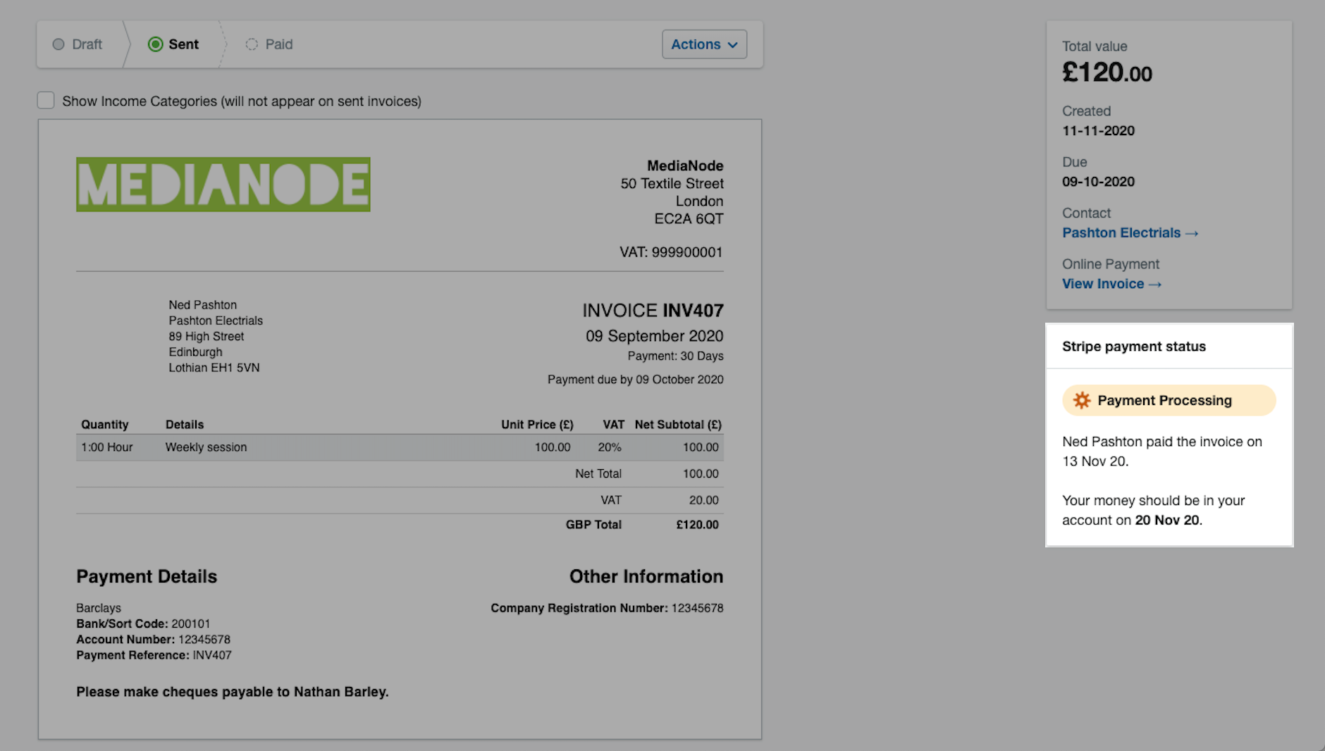 Stripe payment status for an invoice showing as 'Payment processing'.
