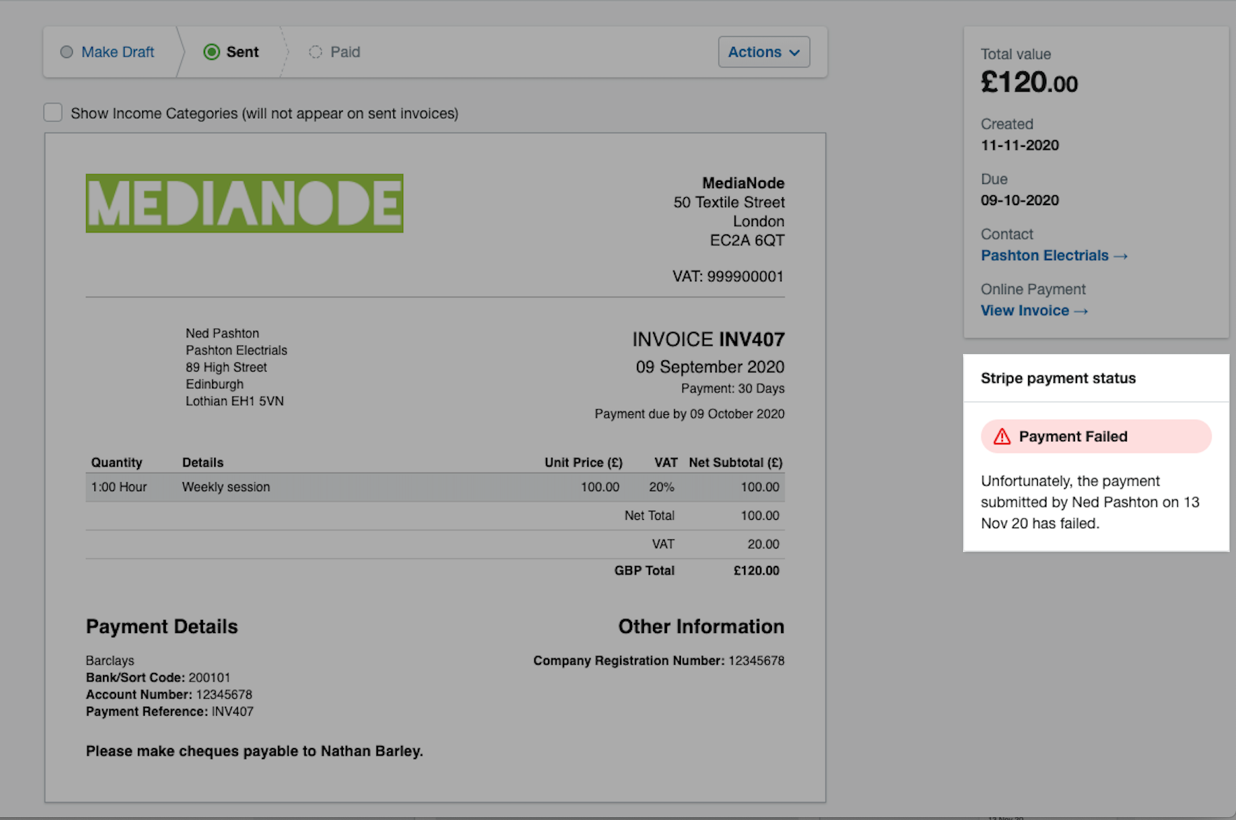 Stripe payment status for an invoice showing as 'Payment failed'.