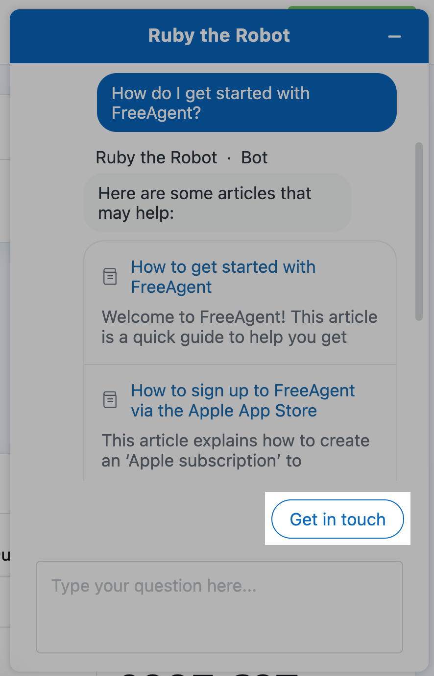‘Get in touch’ option highlighted within Chat window with Ruby the Robot..png