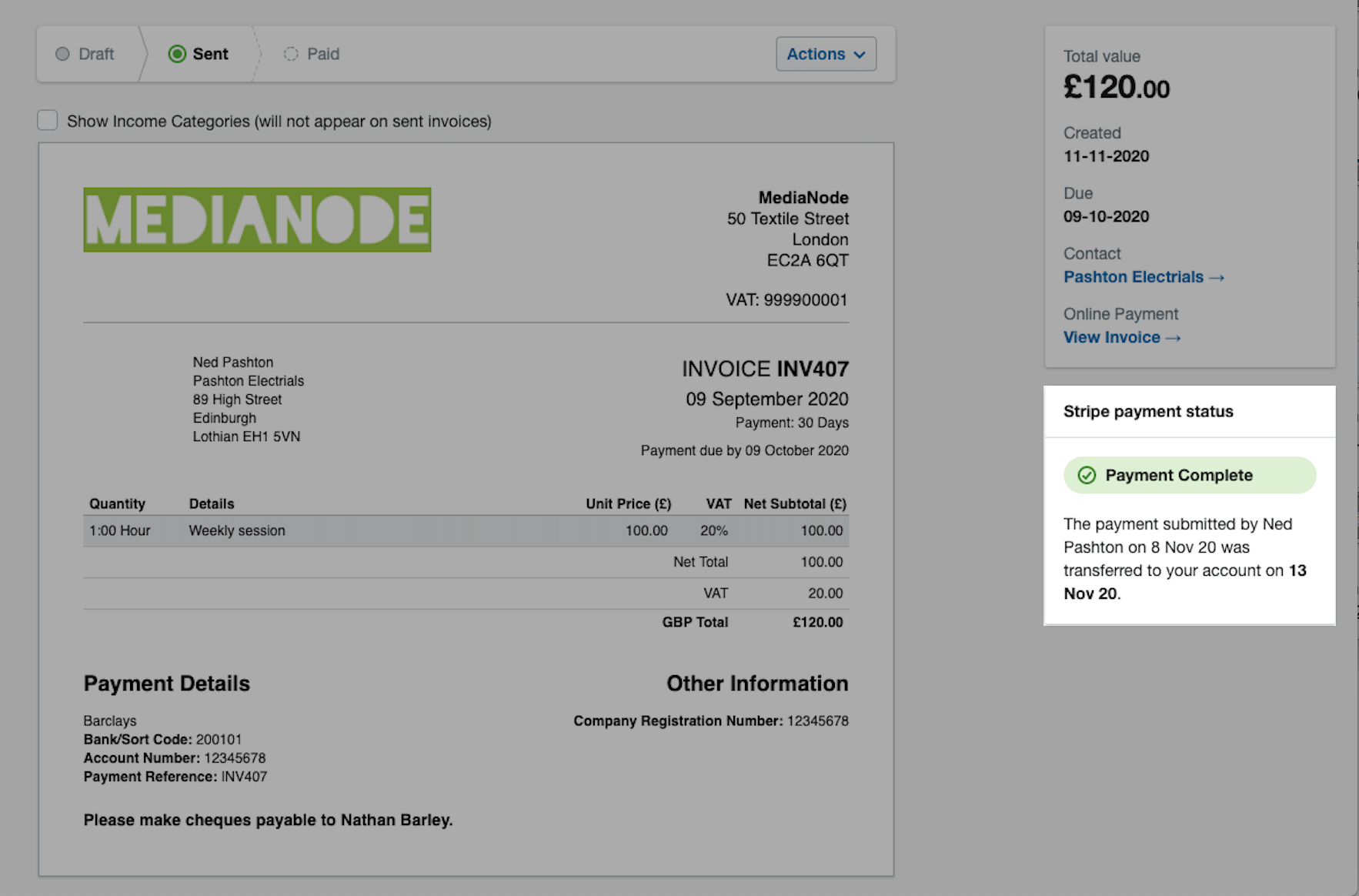 Stripe payment status for an invoice showing as 'Payment complete'.