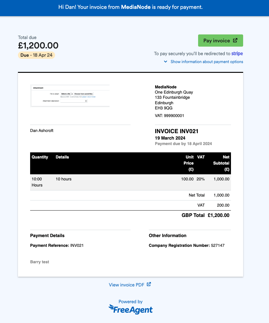 Invoice with a 'Pay invoice' button.