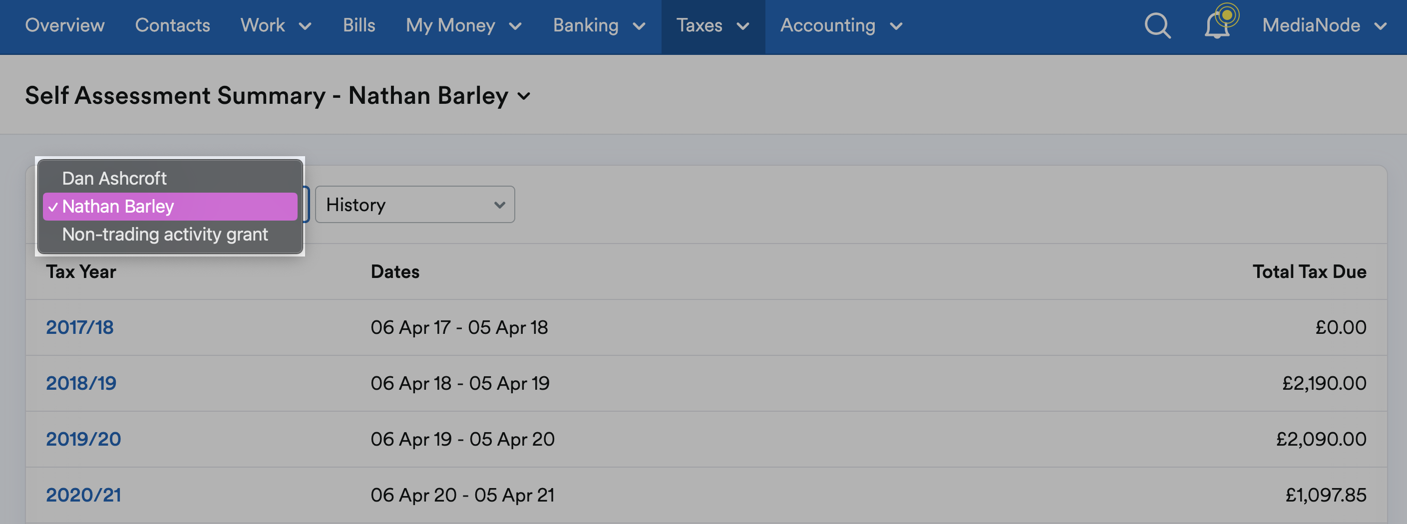Example user names highlighted in drop-down menu.
