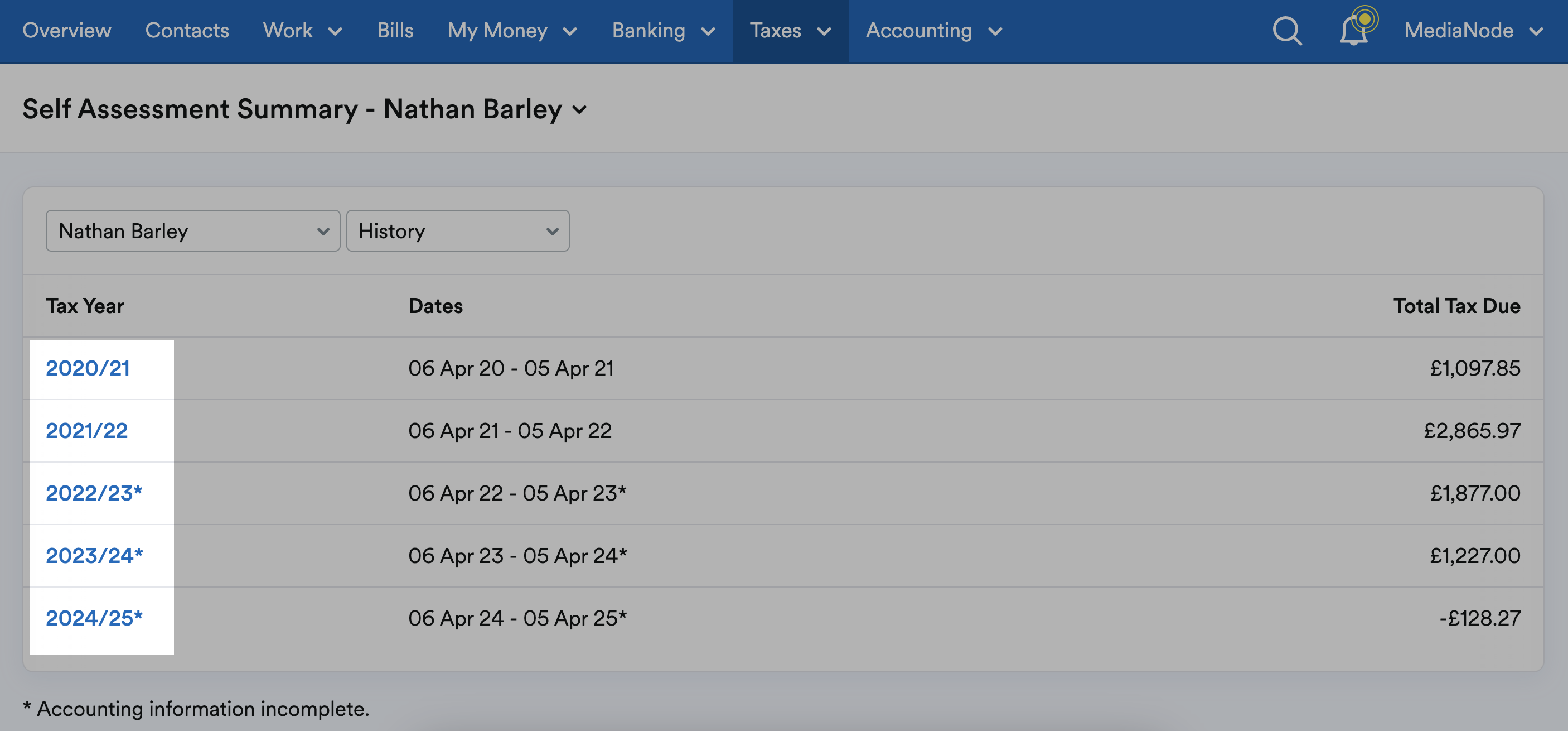 Tax year column highlighted on Self Assessment Summary page.