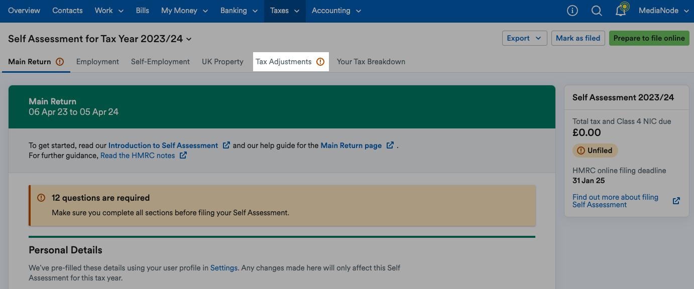 'Tax Adjustments' tab highlighted as fifth of six tabs.