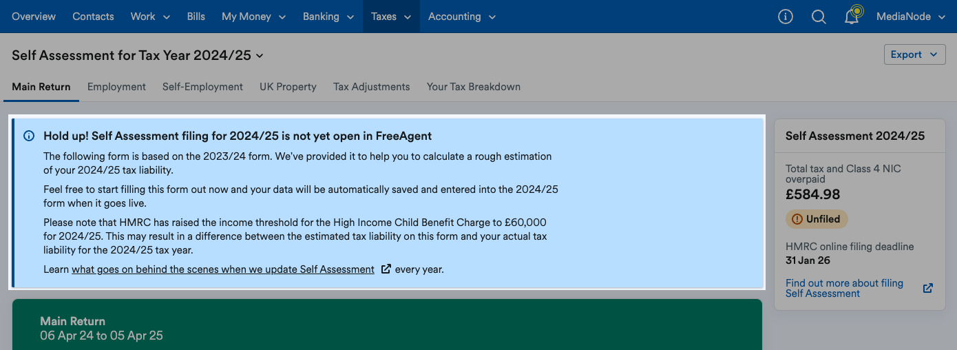 Alert to notify user that next year's Self Assessment is not open for filing yet.