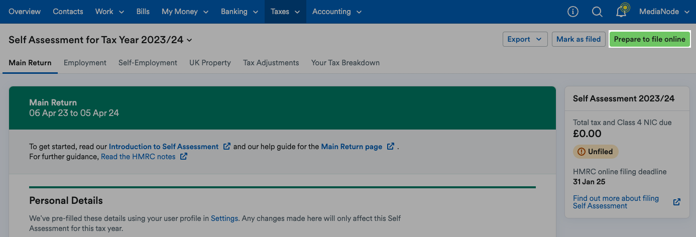 'Prepare to file' box highlighted.
