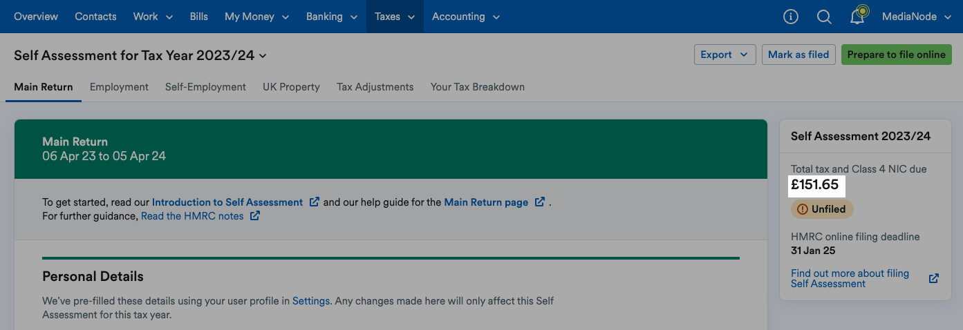 Figure detailing amount owed to HMRC highlighted in panel to the right of Self Assessment.