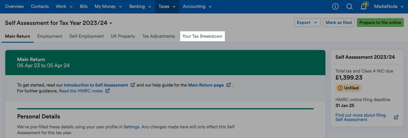 The 'Your Tax Breakdown' tab highlighted as the final of six tabs.