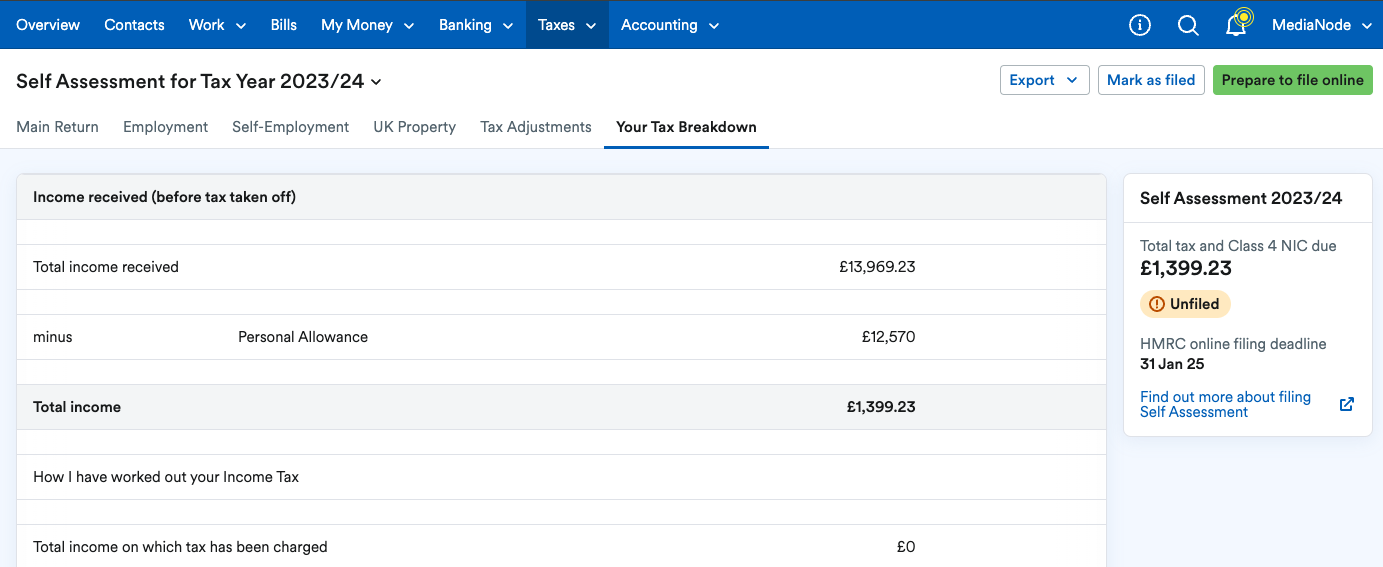 Your Tax Breakdown area detailing total income.