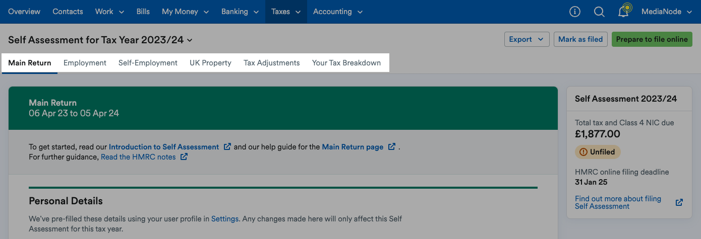 Six tabs highlighted at the top of the return.