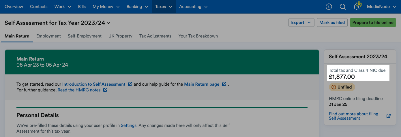 Figure detailing amount owed to HMRC highlighted in panel to the right of the return.