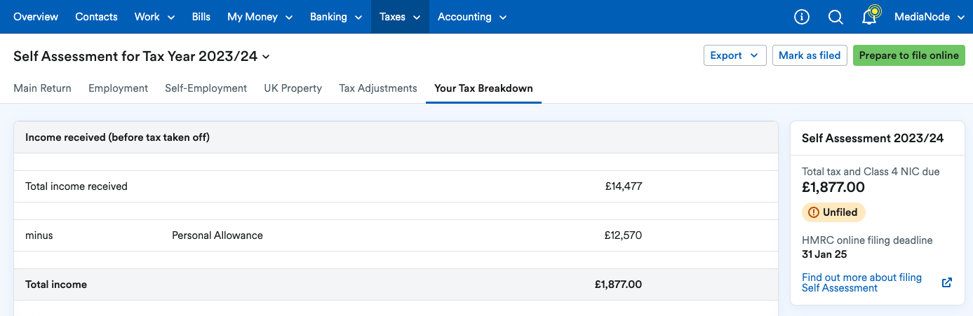 Your Tax Breakdown area detailing total income.