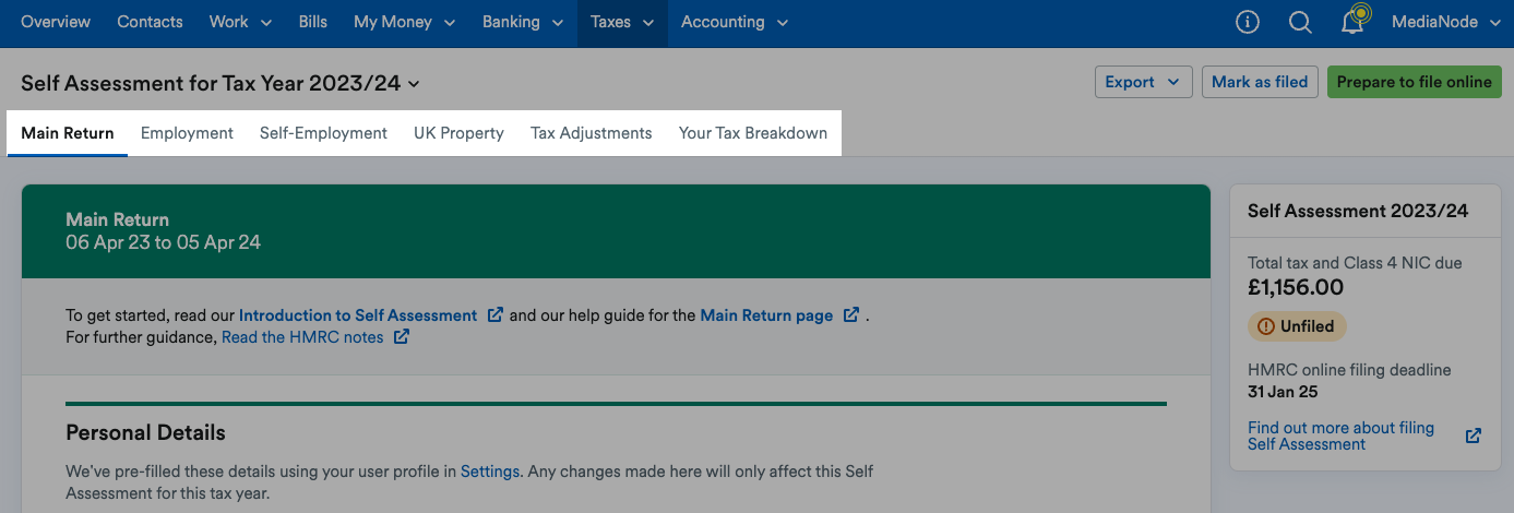 Six tabs highlighted at the top of the return.