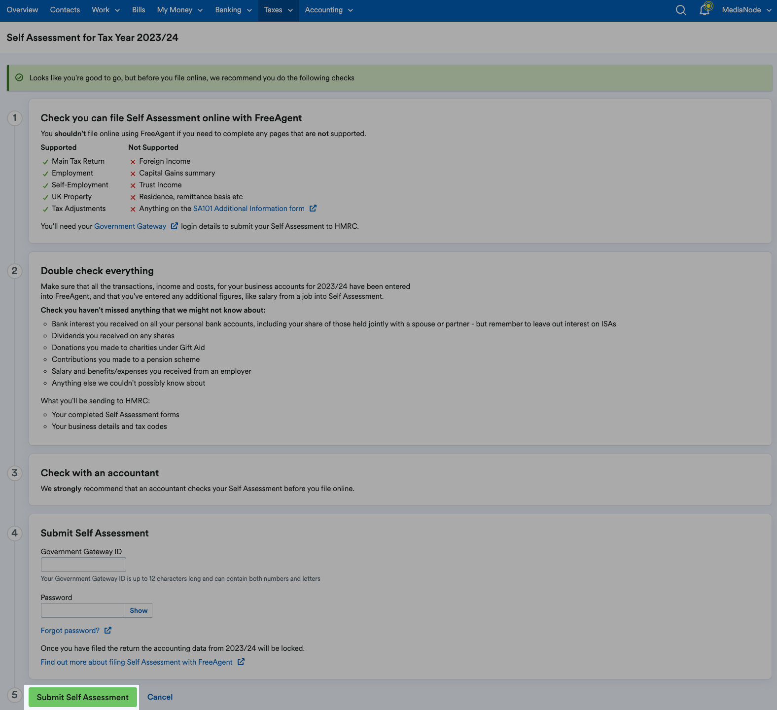 'Submit Self Assessment' button highlighted at the bottom of the page.