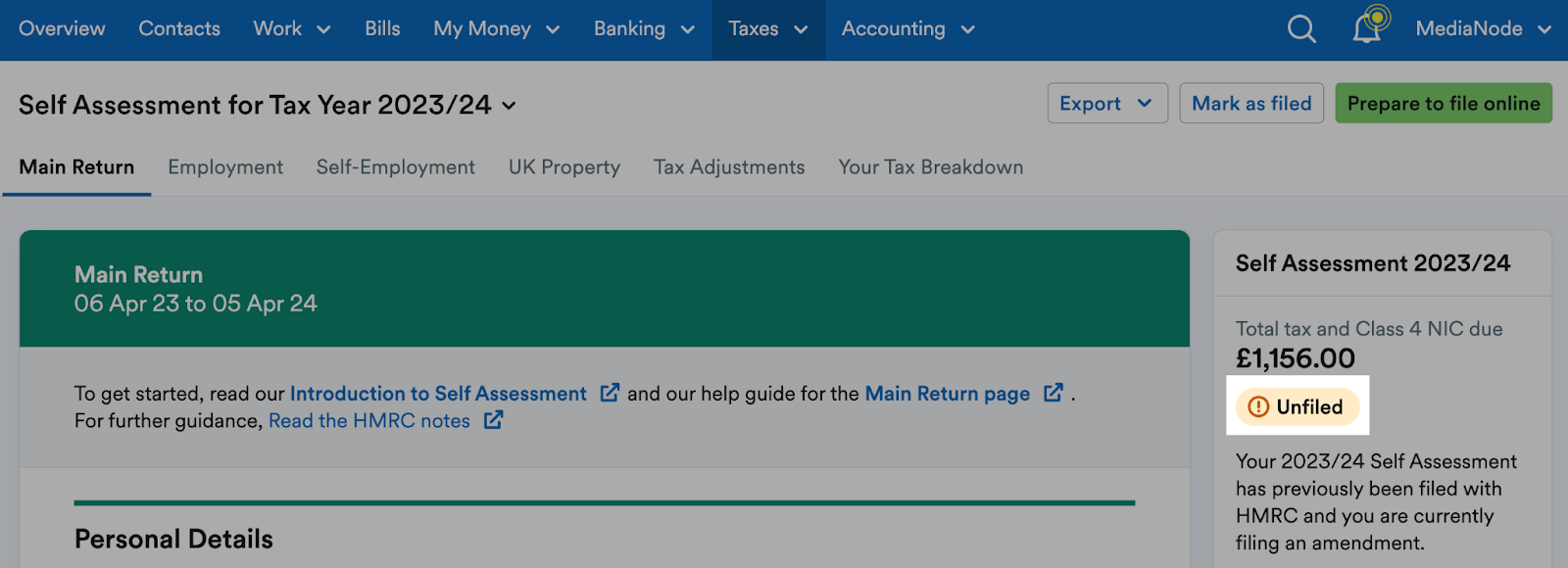 Status showing 'Unfiled' highlighted within panel to the right of the return.