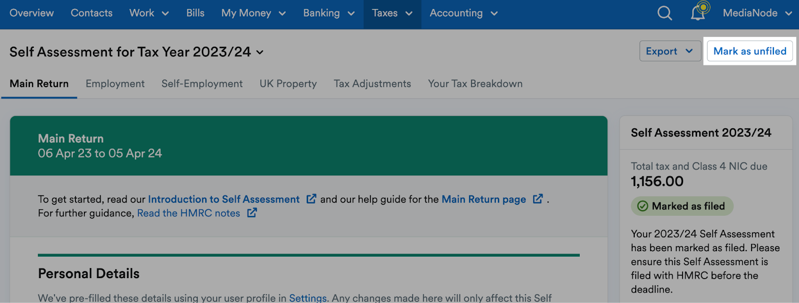 Mark as unfiled' button highlighted at the top of the return.