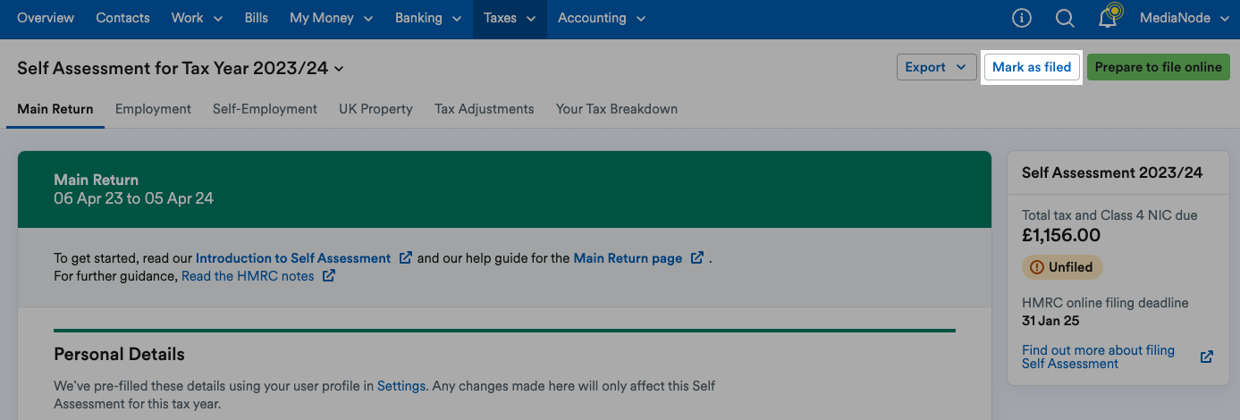 Mark as filed' button highlighted at the top of the return.