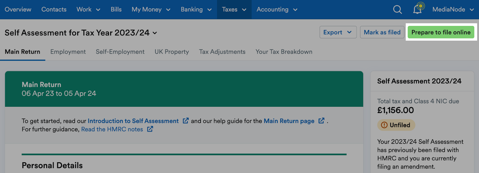 'Prepare to file online' button highlighted above the return.