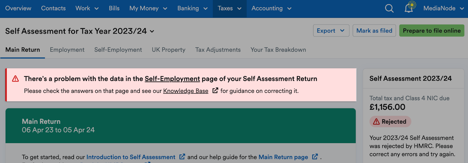 Error message highlighted detailing page of return that holds the error.