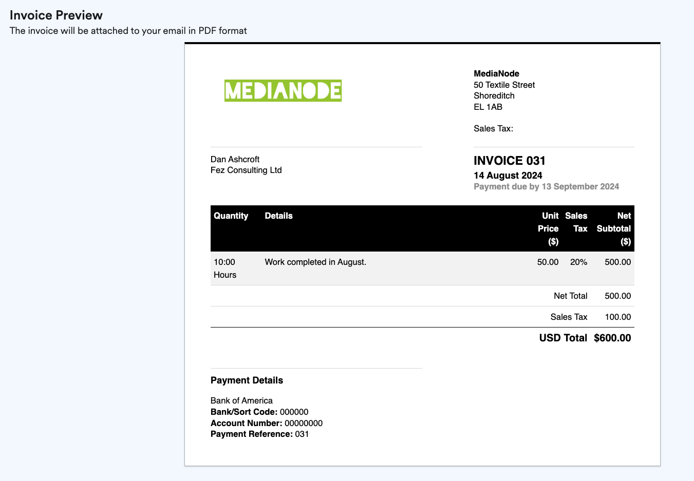 preview of the invoice