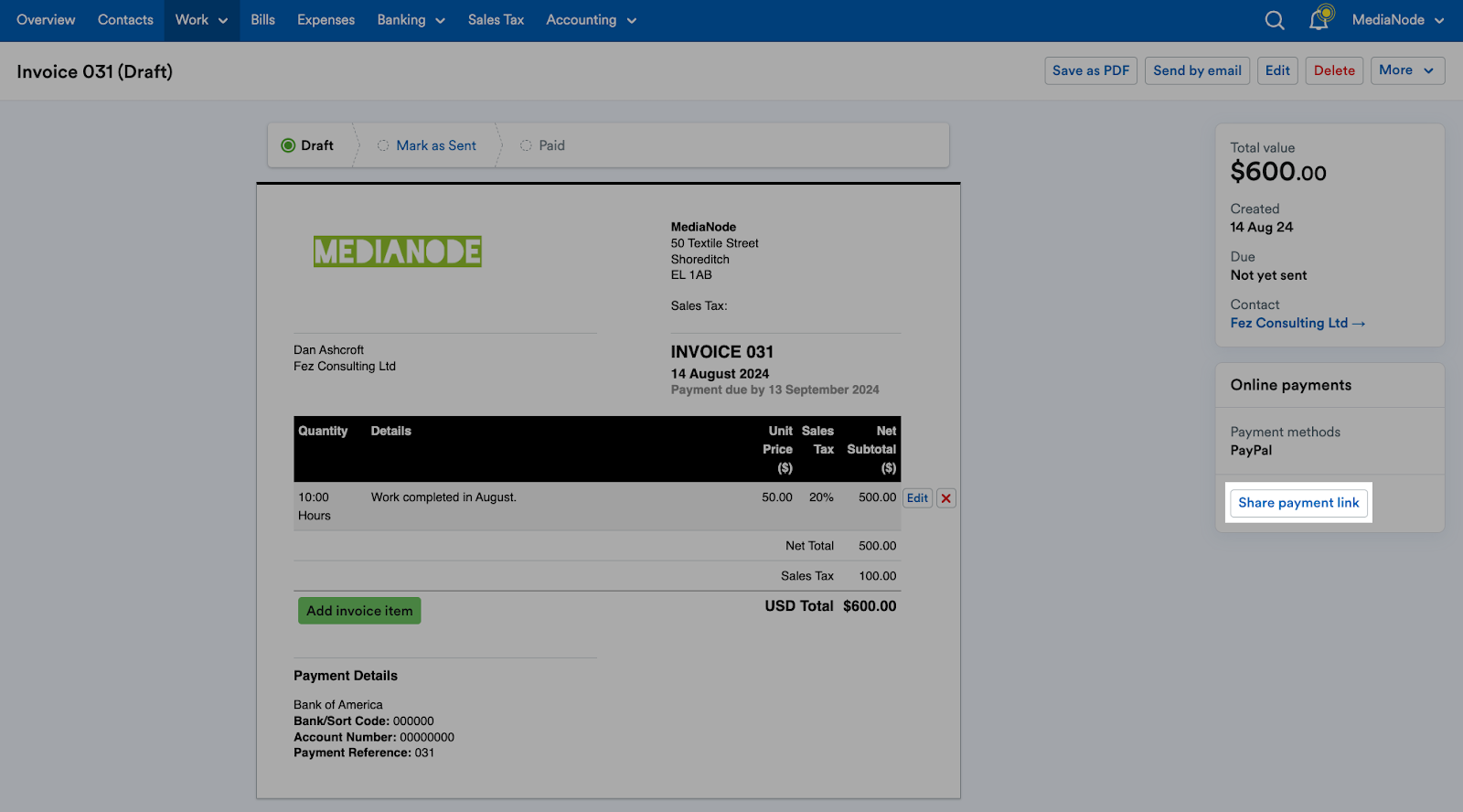 Share payment link button highlighted