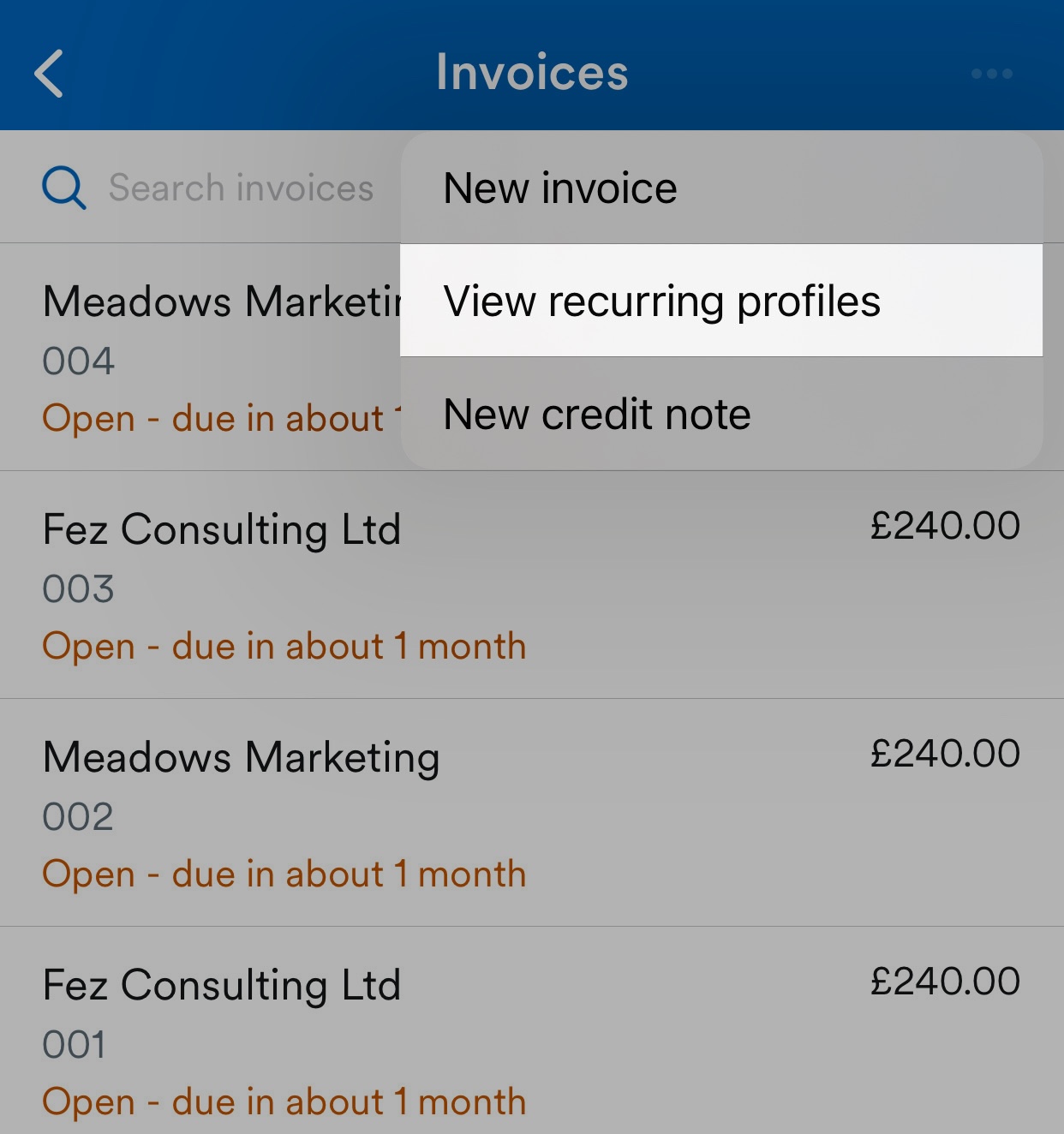 'View recurring profiles' button highlighted on drop down menu.
