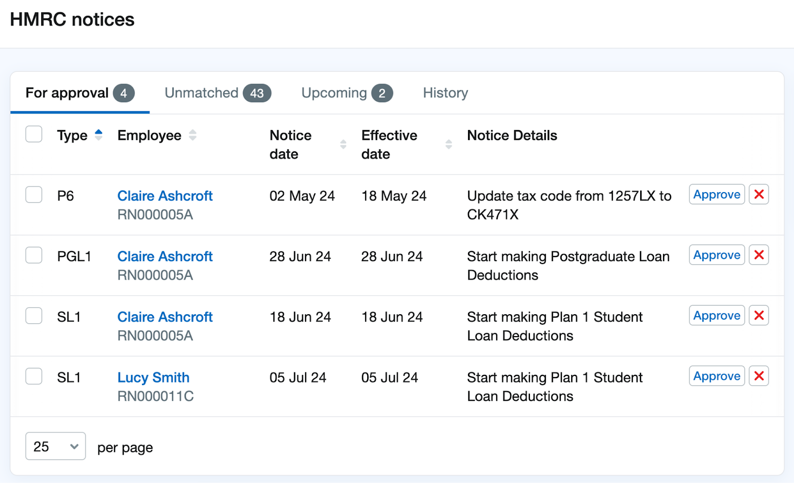 HMRC notices page on For approval tab showing notices waiting for approval.