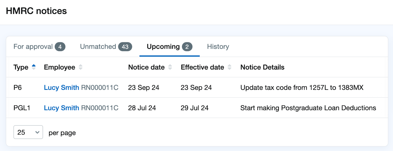 HMRC notices page on 'Upcoming' tab with upcoming notices listed.