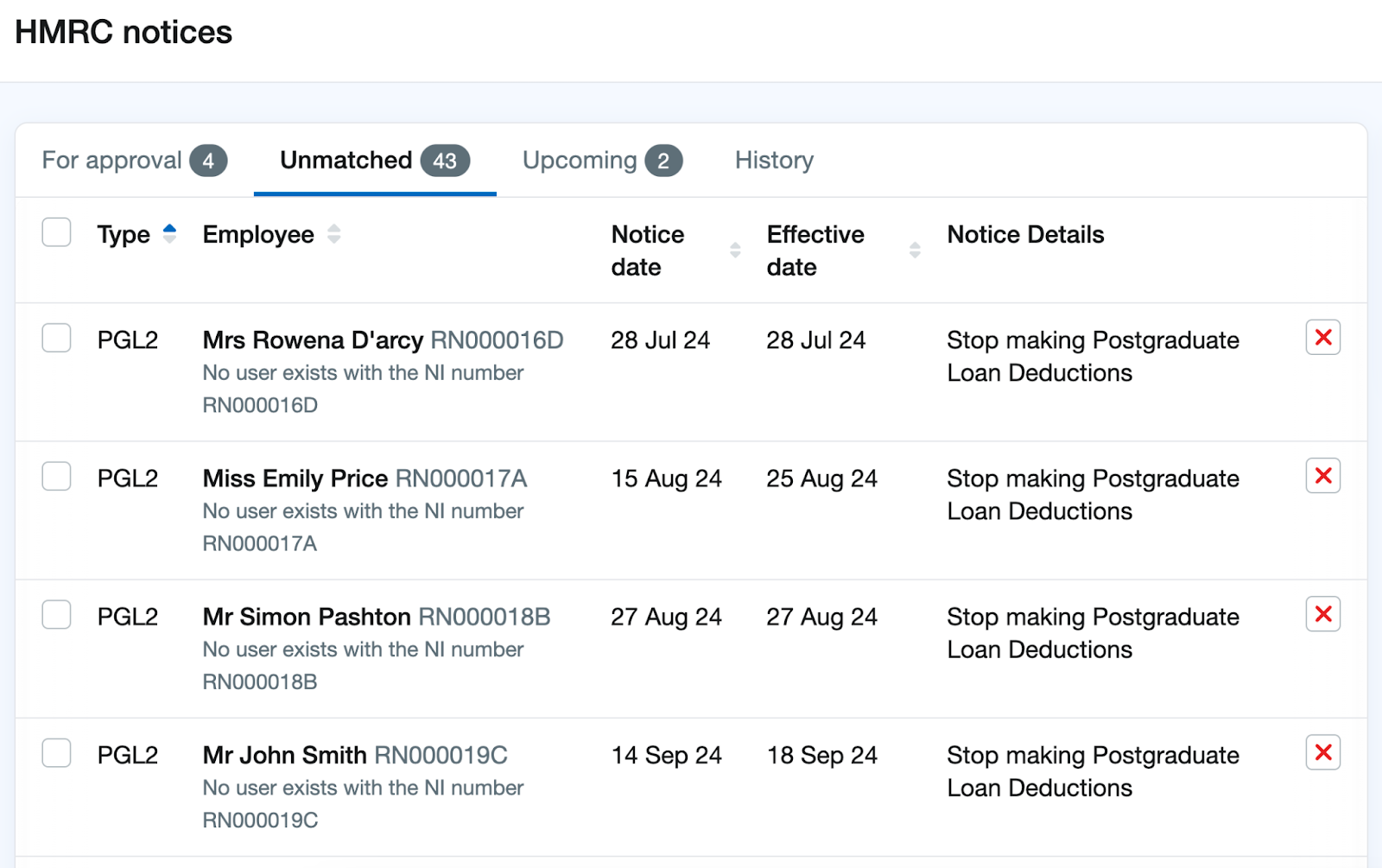 HMRC notices page on 'Unmatched' tab with notices not matched to employees.