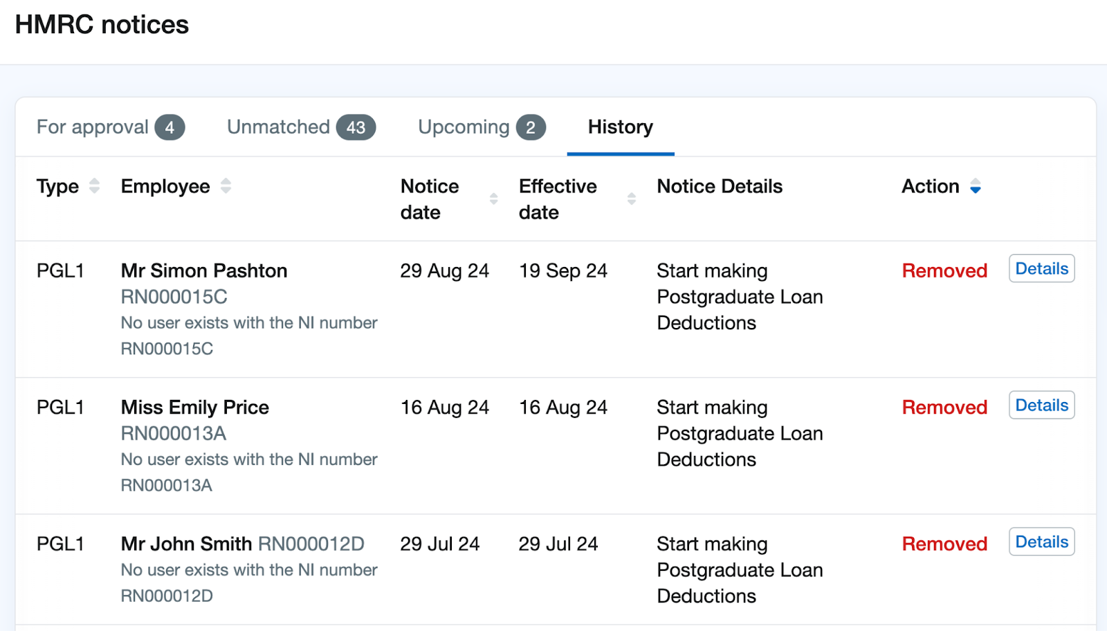 HMRC notices page on 'History' tab showing notices removed.