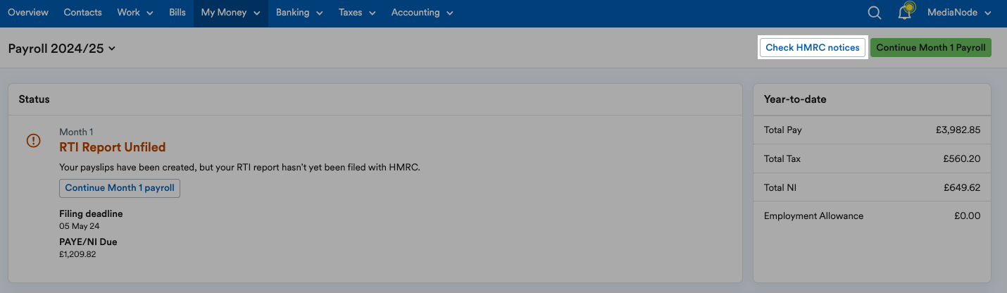 'Check HMRC notices' button highlighted in Payroll page header.