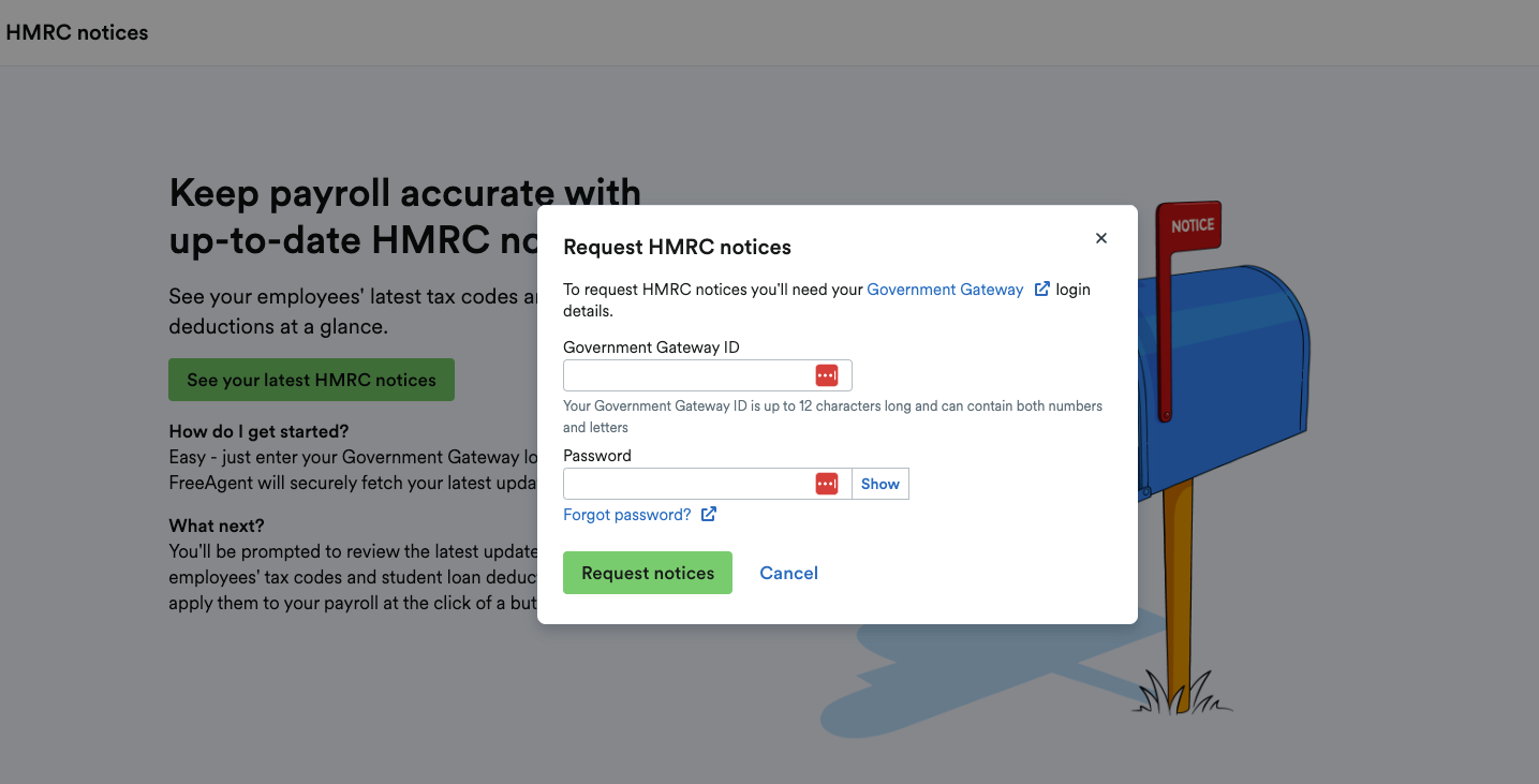 Request HMRC notices pop-up window for inputting Government Gateway ID and Password.