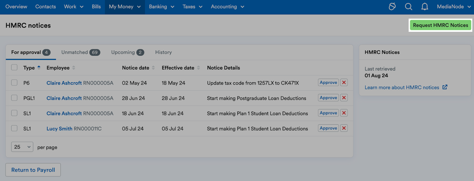'Request HMRC Notices' button highlighted in HMRC notices header.