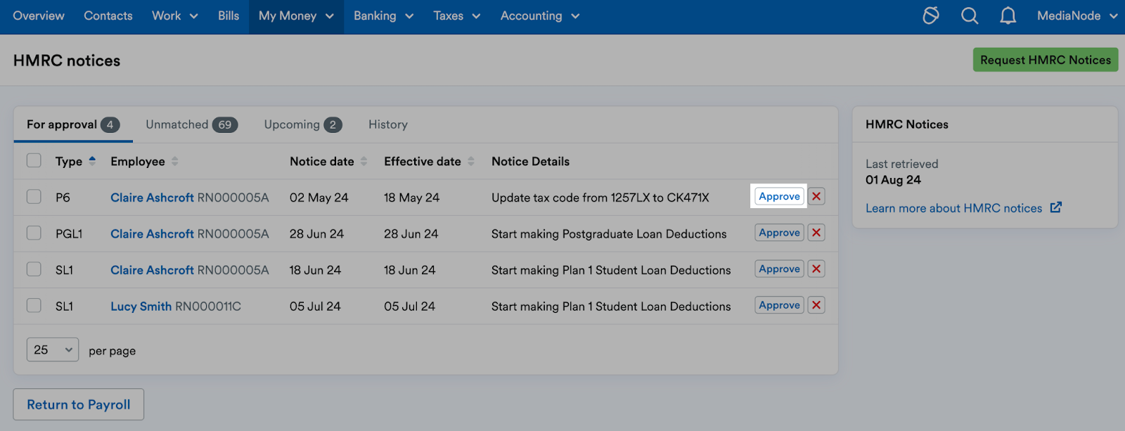 'Approve' button highlighted next to a notice listing.
