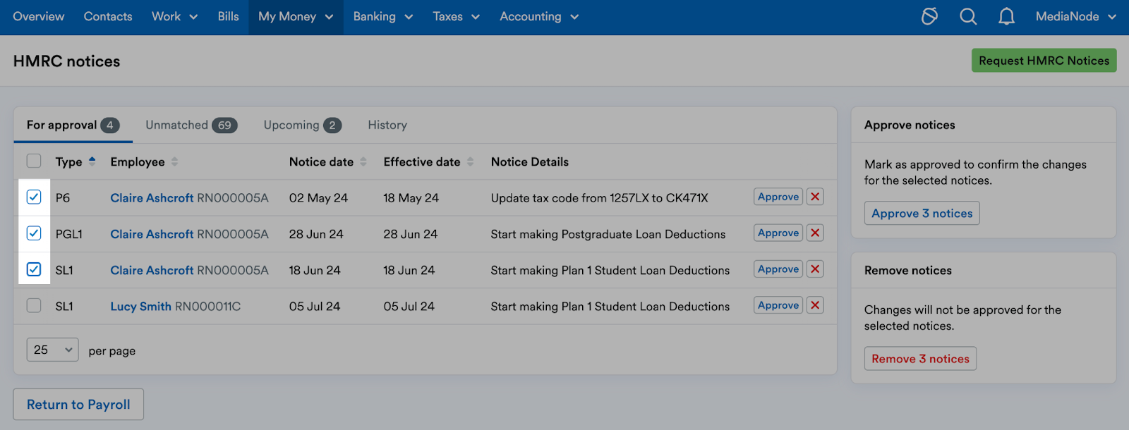 Checkboxes highlighted before each notice listing.