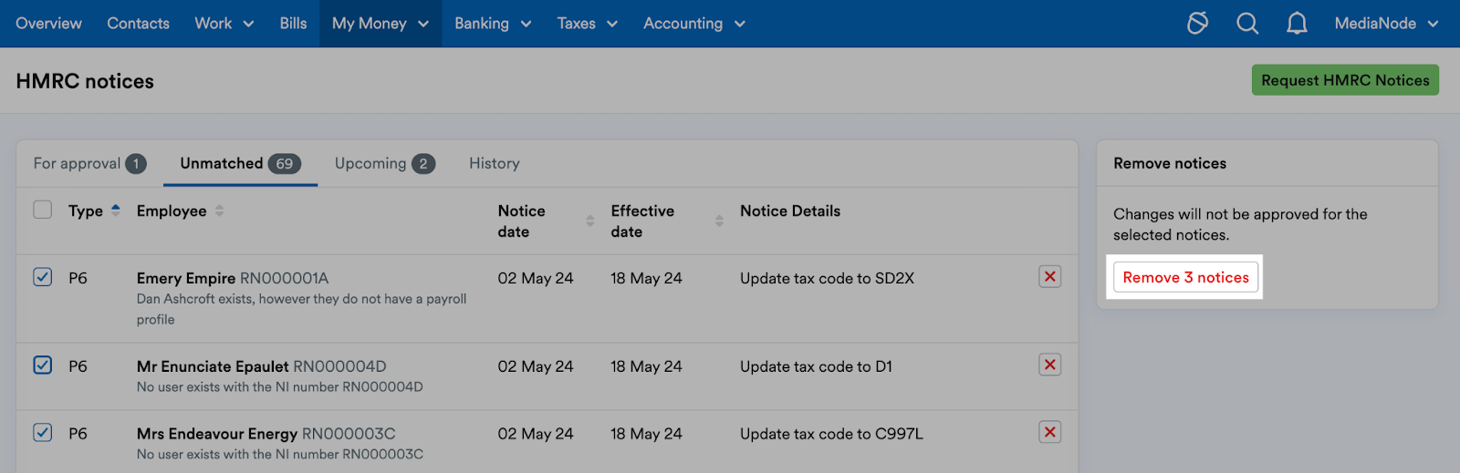 'Remove [x] notices' button highlighted in panel next to notice listings.