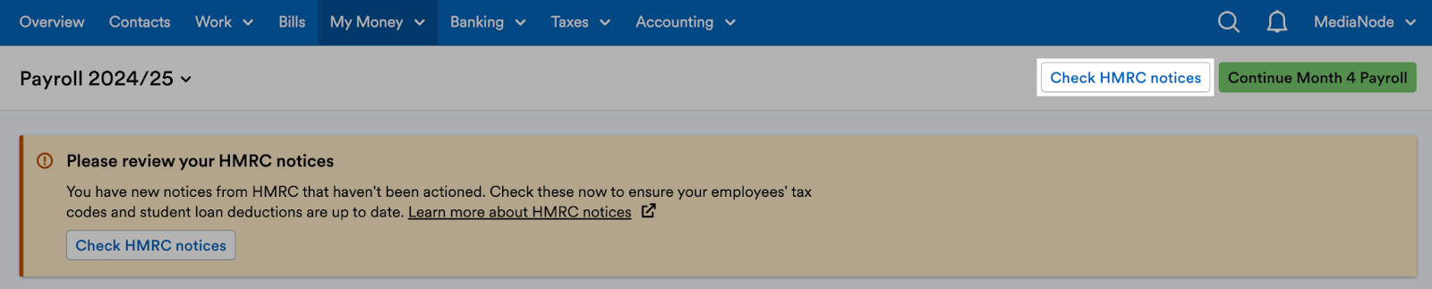 'Check HMRC notices' button highlighted on the Payroll page header.