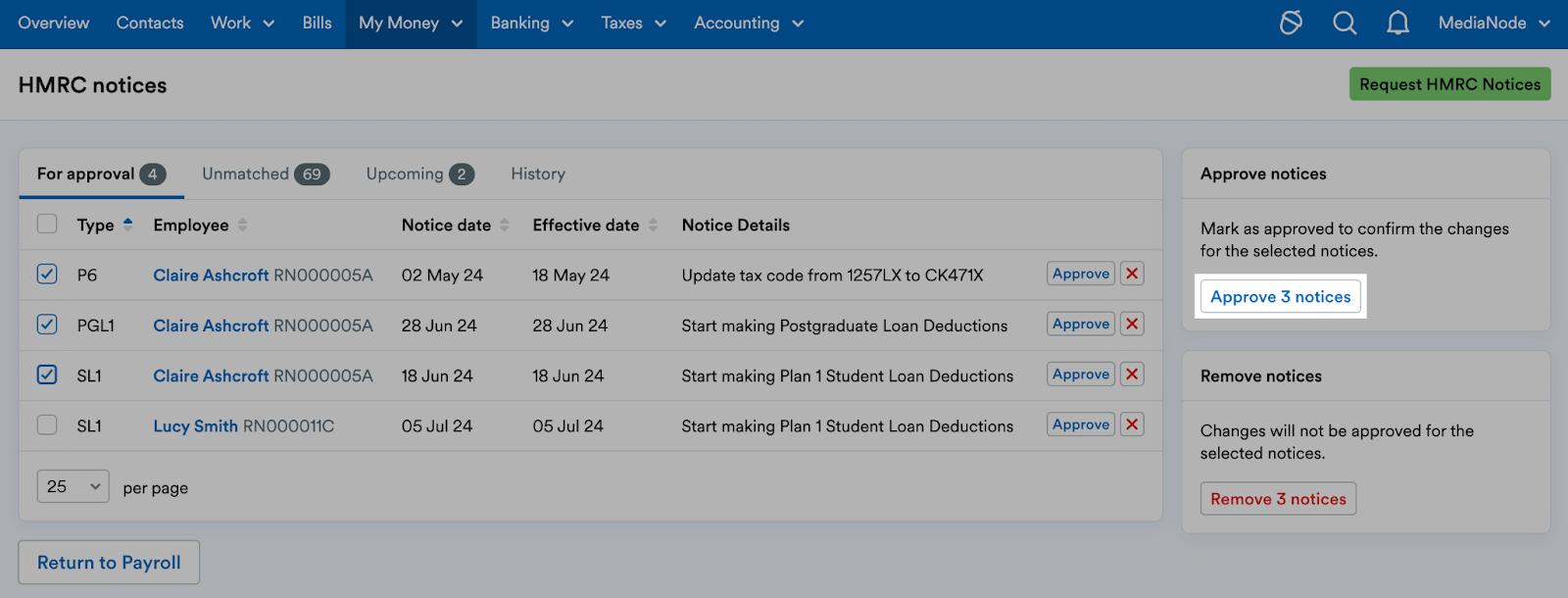Approve [x] notices button highlighted in the panel next to notice listings.