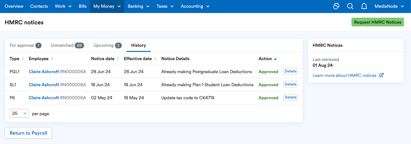 History tab of HMRC notices page showing notices approved.