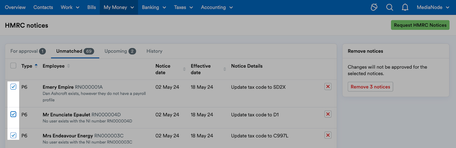 Checkboxes highlighted before each notice listing.