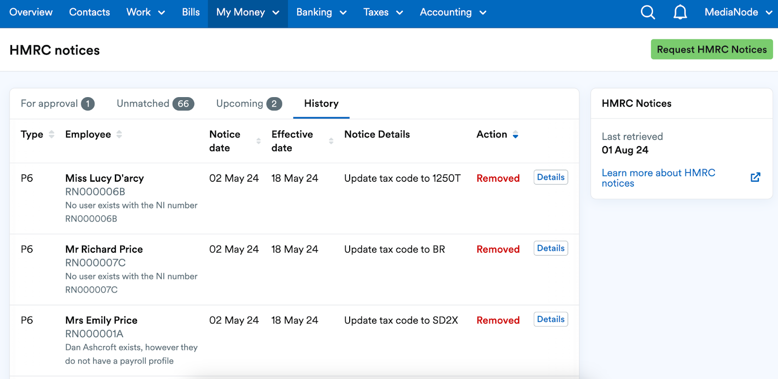 History tab of HMRC notices page showing notices removed.