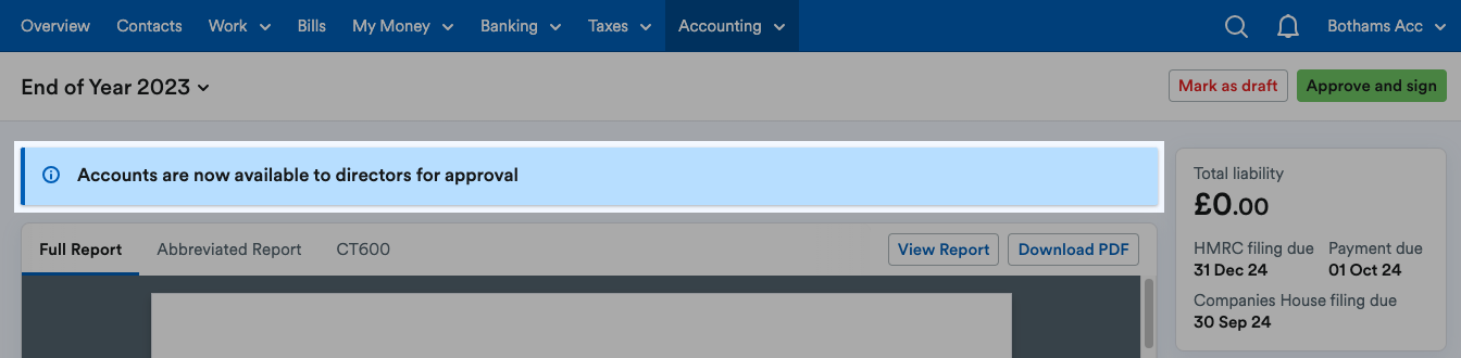 Box saying accounts available to directos for approval highlighted above the report.