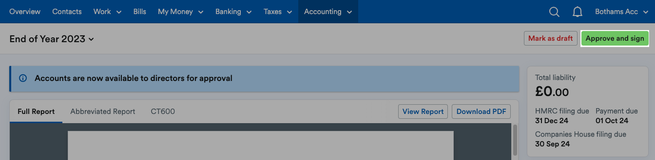 Approve and sign button highlighted above the report.
