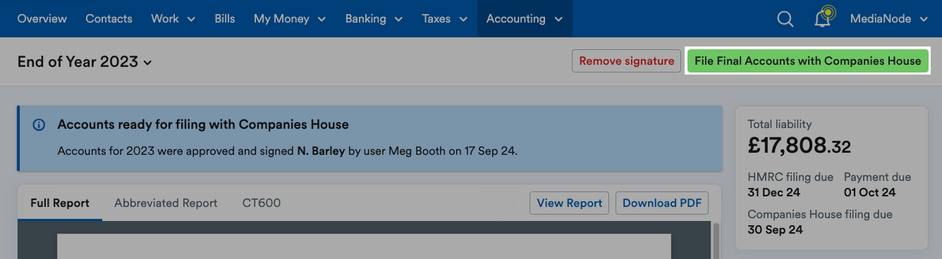 File Final Accounts with Companies House button highlighted above the report.