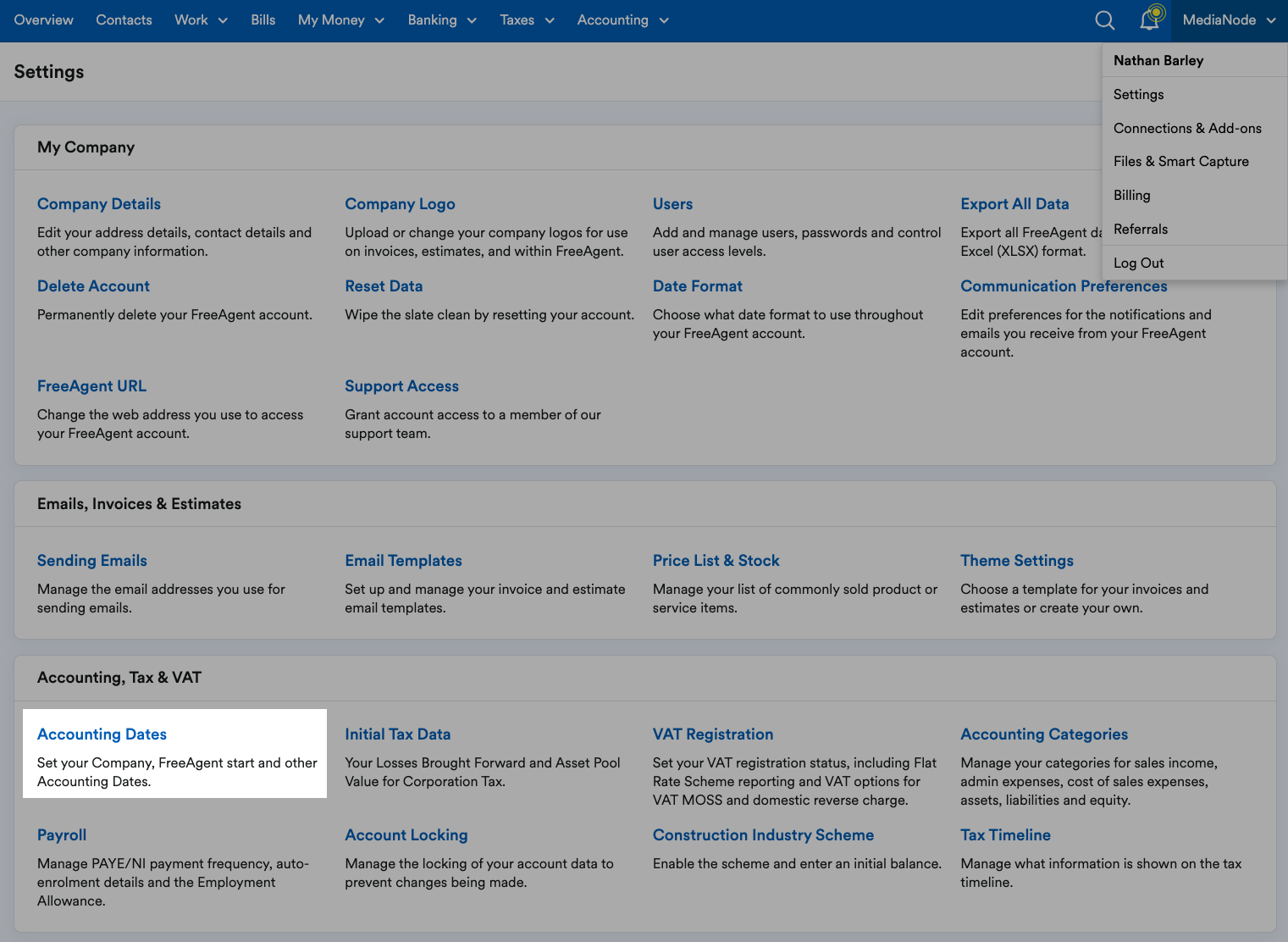 Overview page with 'Accounting Dates' within the 'Accounting, Tax & VAT' section.