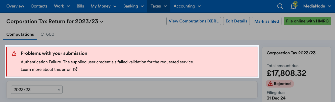 Pop up error message detailing issues with credentials.