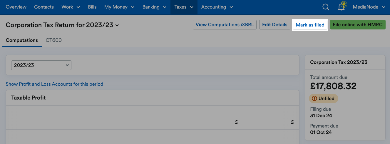 Mark as filed button highlighted above the return.