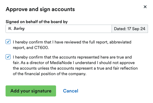 Pop up window to tick declarations and add signature to approve report.