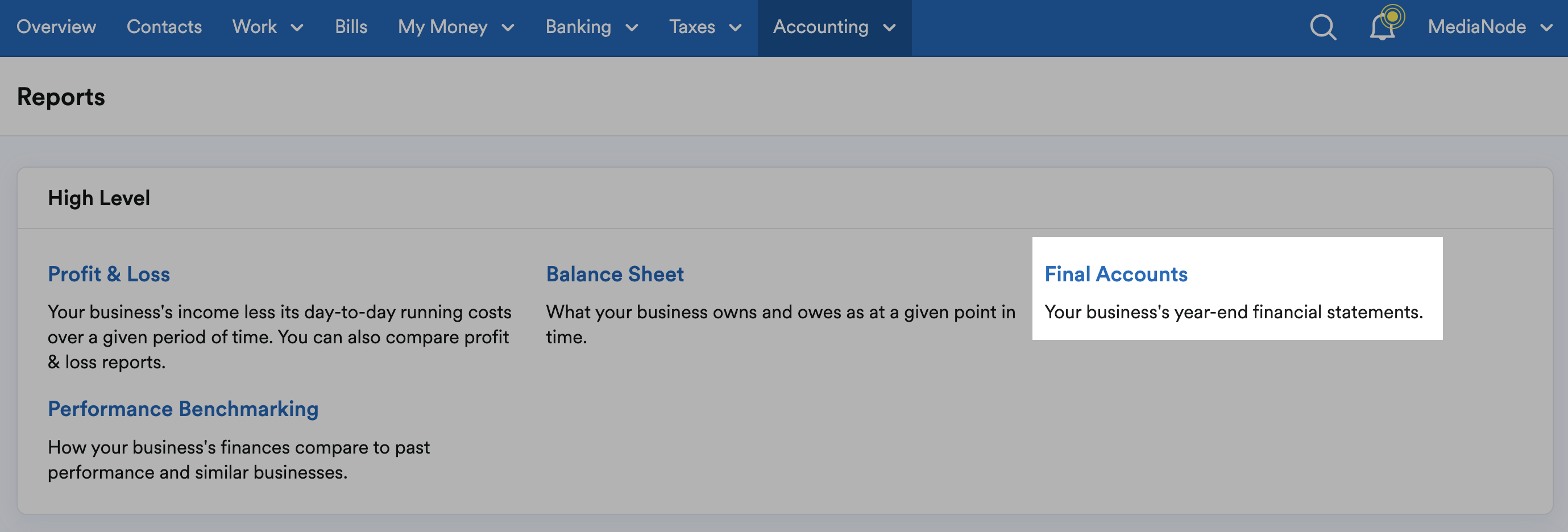 Final Accounts highlighted within High Level area on Reports page.